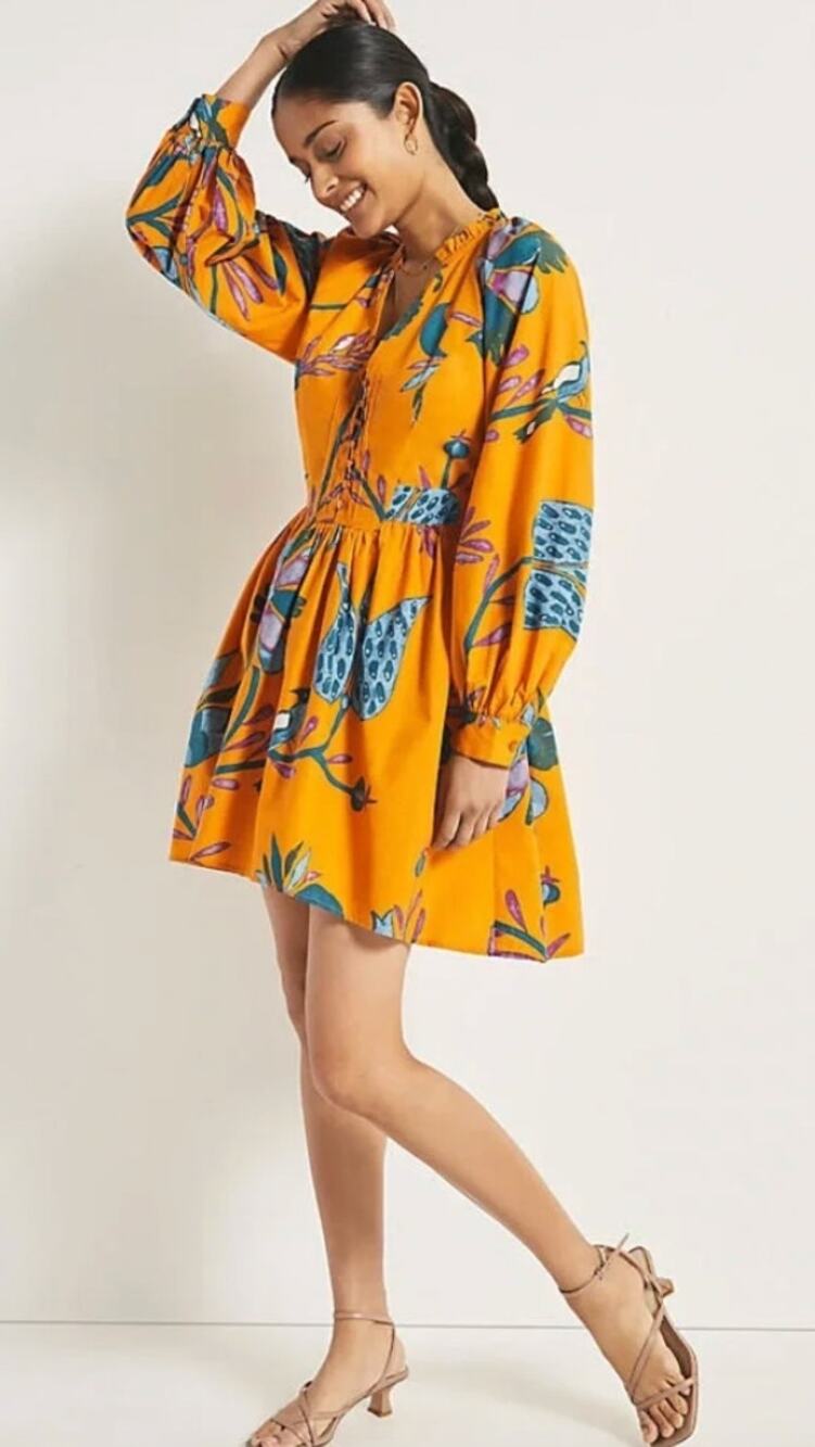 New Anthropologie Let Me Be Orange Yellow Floral Dress Large